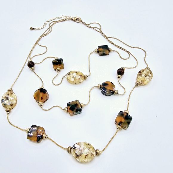 Abalone Chip Station Necklace Faux Tortoise MOP Multi Layer Statement Jewelry - Picture 3 of 10